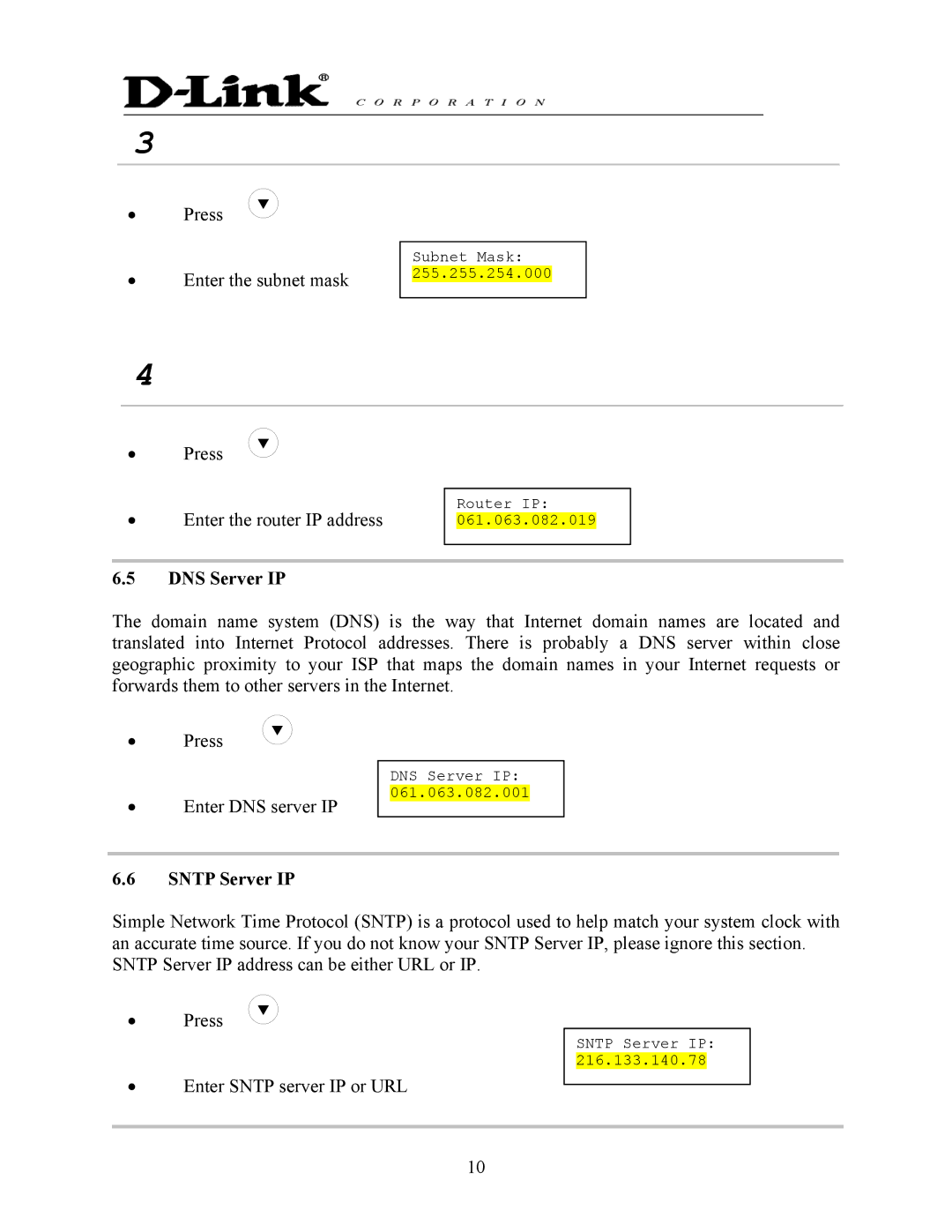 D-Link DPH-140S manual DNS Server IP, Sntp Server IP 