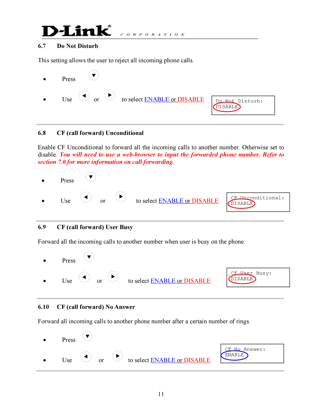 D-Link DPH-140S manual Do Not Disturb, CF call forward Unconditional, CF call forward User Busy, CF call forward No Answer 