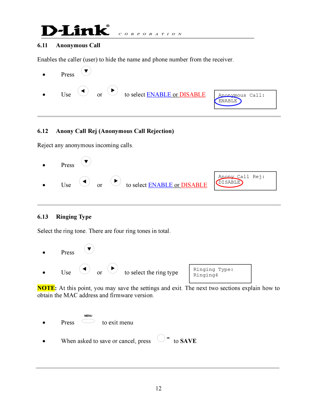 D-Link DPH-140S manual Anony Call Rej Anonymous Call Rejection, Ringing Type, To Save 
