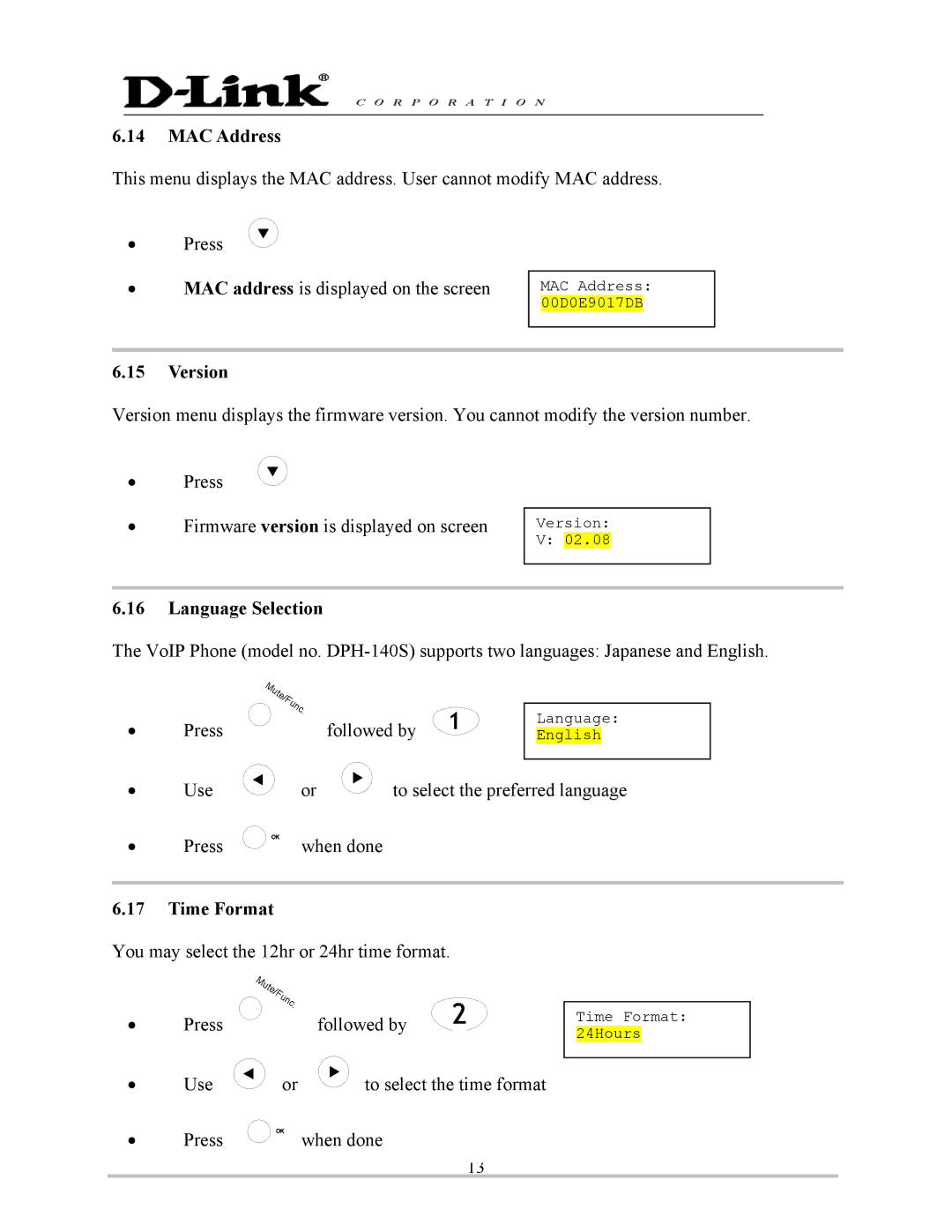 D-Link DPH-140S manual MAC Address, Version, Language Selection, Time Format 