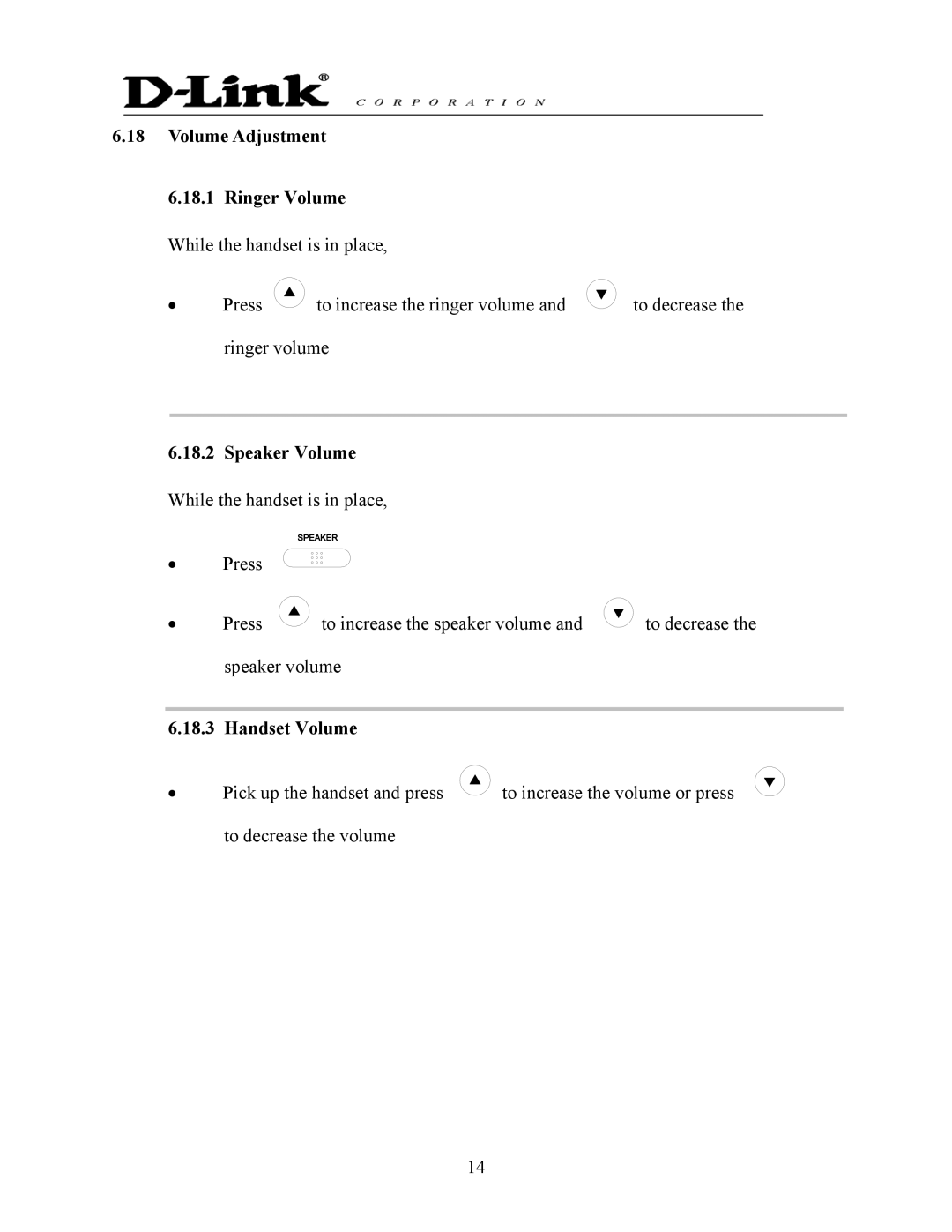 D-Link DPH-140S manual Volume Adjustment Ringer Volume, Speaker Volume, Handset Volume 