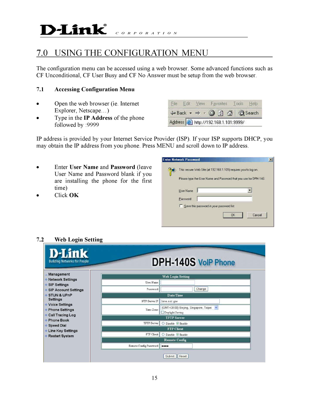 D-Link DPH-140S manual Using the Configuration Menu, Accessing Configuration Menu, Web Login Setting 
