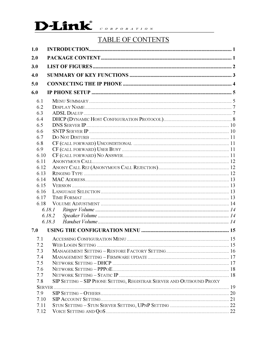 D-Link DPH-140S manual Table of Contents 