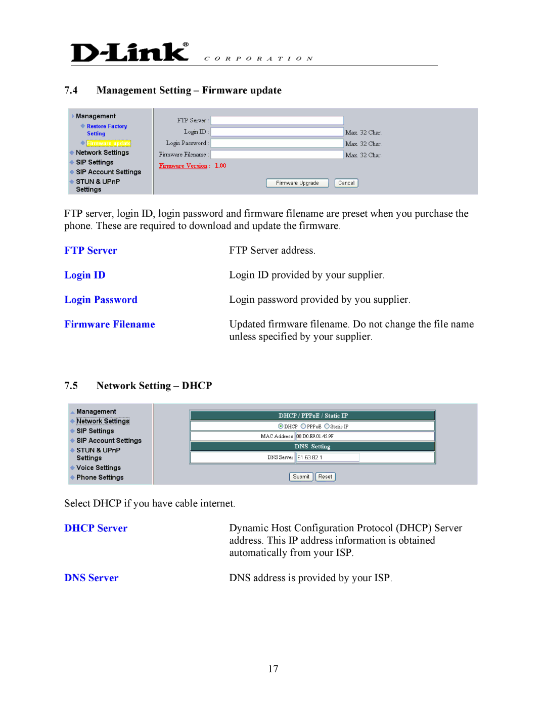 D-Link DPH-140S manual FTP Server, Login ID, Login Password, Firmware Filename, Dhcp Server, DNS Server 