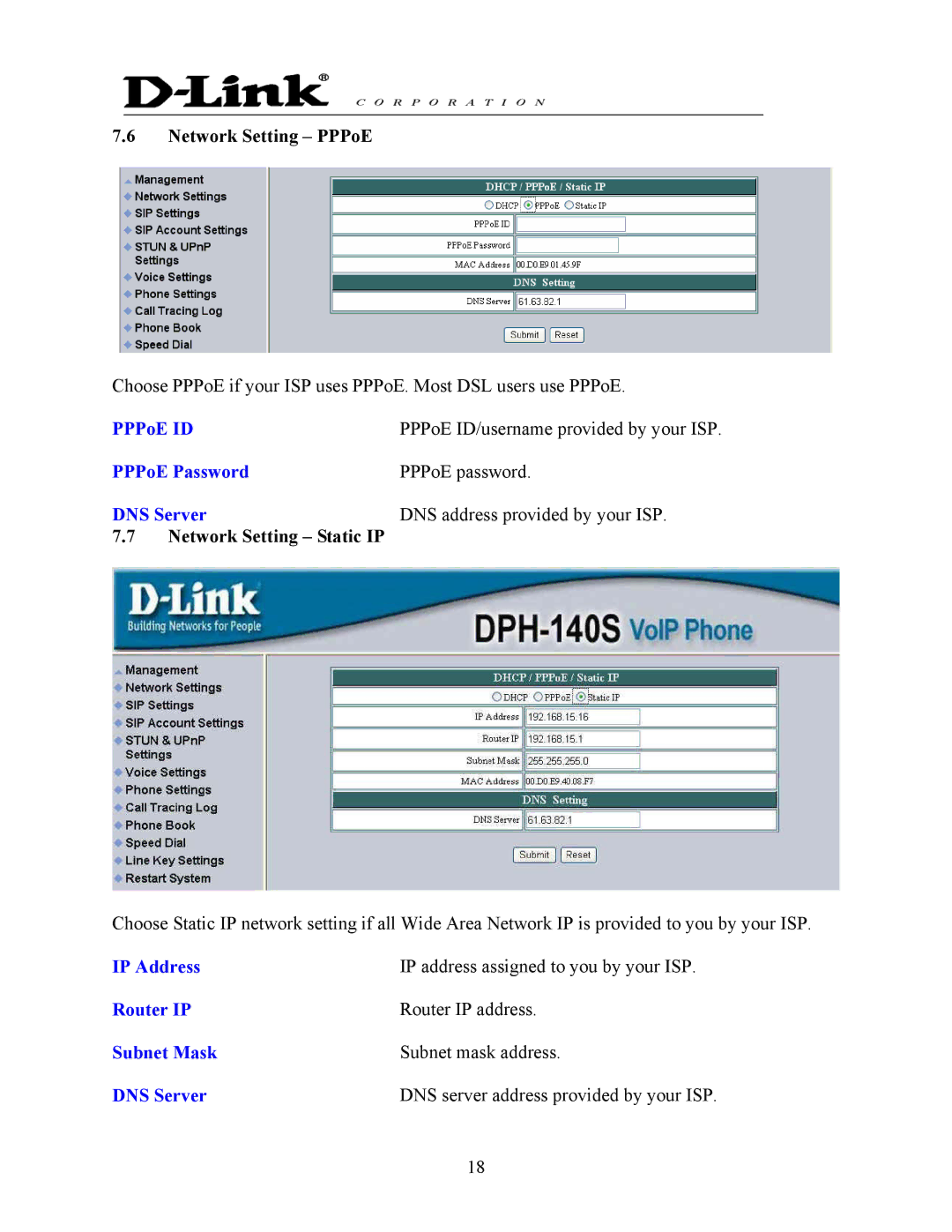D-Link DPH-140S manual Network Setting PPPoE 