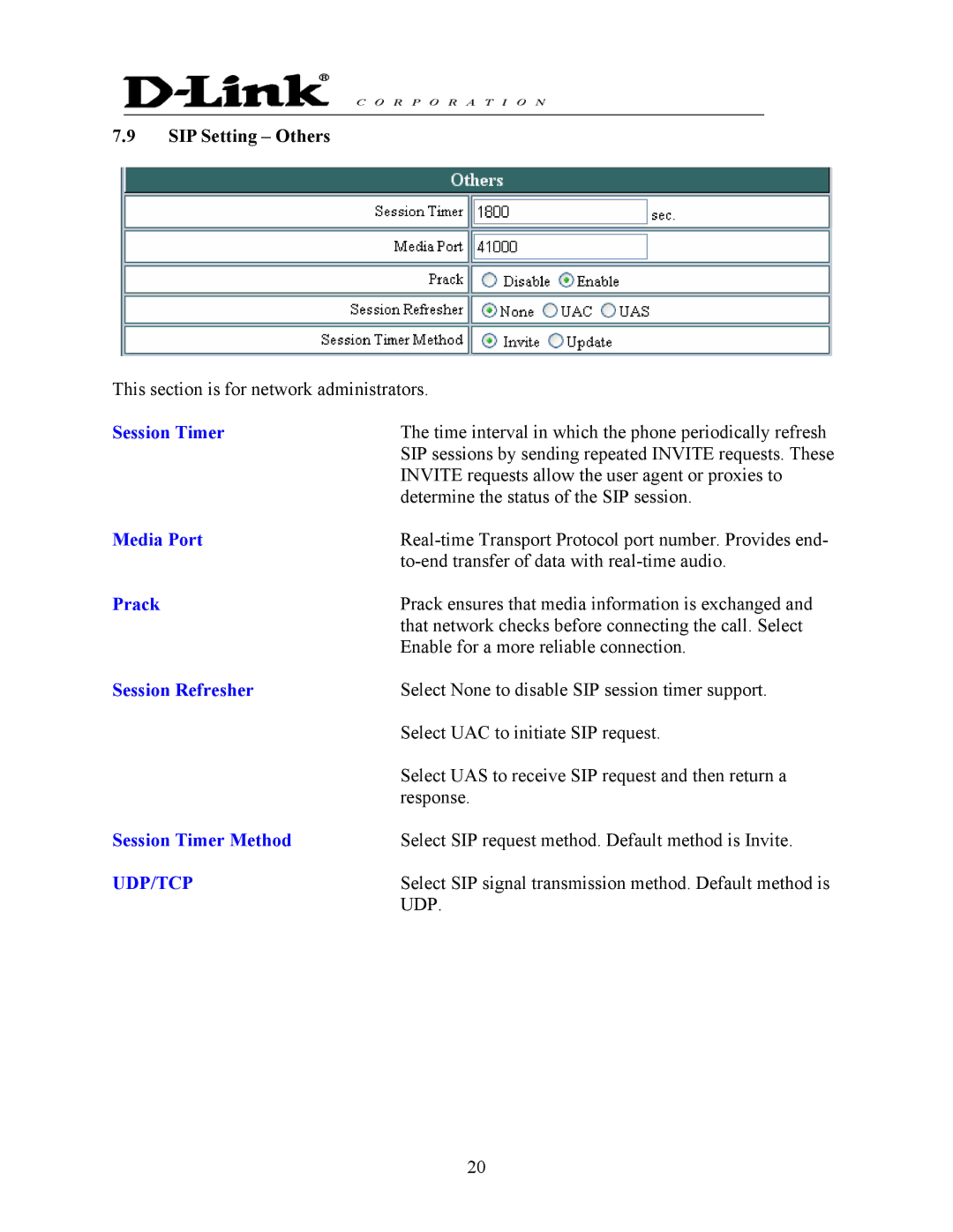 D-Link DPH-140S manual Media Port, Prack, Session Refresher, Session Timer Method 