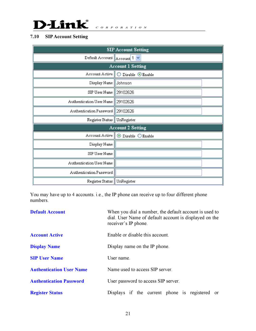 D-Link DPH-140S Default Account, Account Active, Display Name, SIP User Name, Authentication User Name, Register Status 