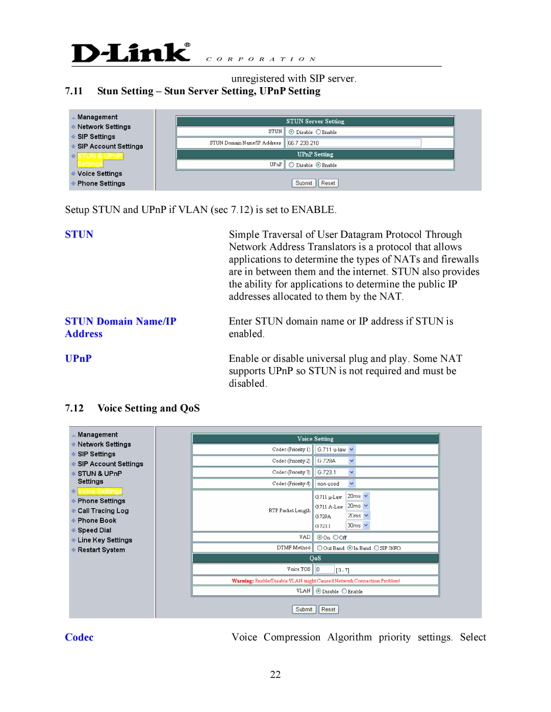 D-Link DPH-140S manual Stun Domain Name/IP, Address, UPnP, Codec Voice Compression Algorithm priority settings. Select 