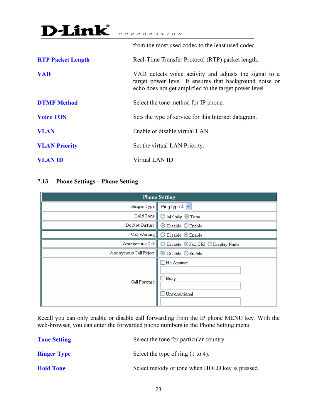 D-Link DPH-140S manual RTP Packet Length, Dtmf Method, Voice TOS, Vlan Priority, Tone Setting, Ringer Type, Hold Tone 