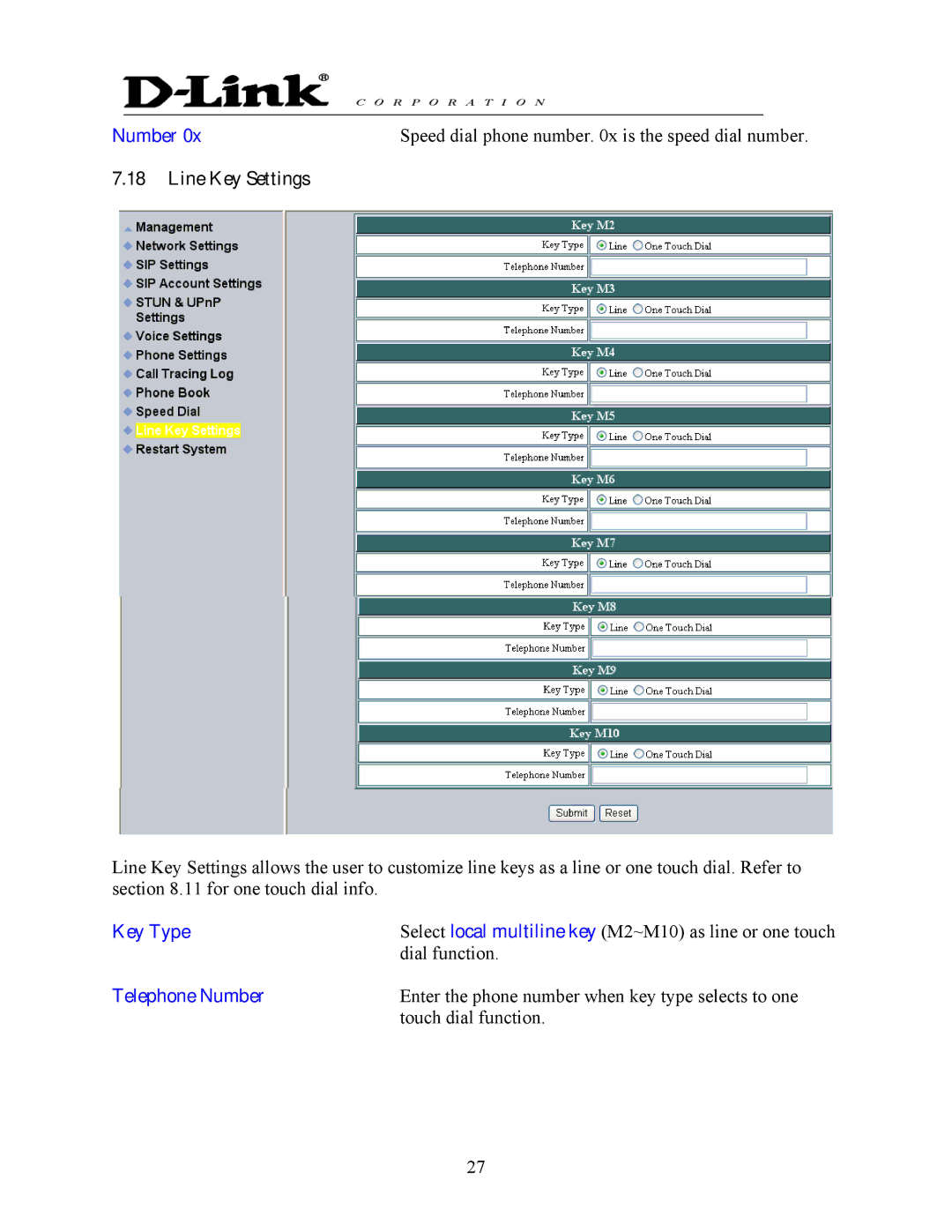 D-Link DPH-140S Number Speed dial phone number x is the speed dial number, Line Key Settings, Key Type, Telephone Number 