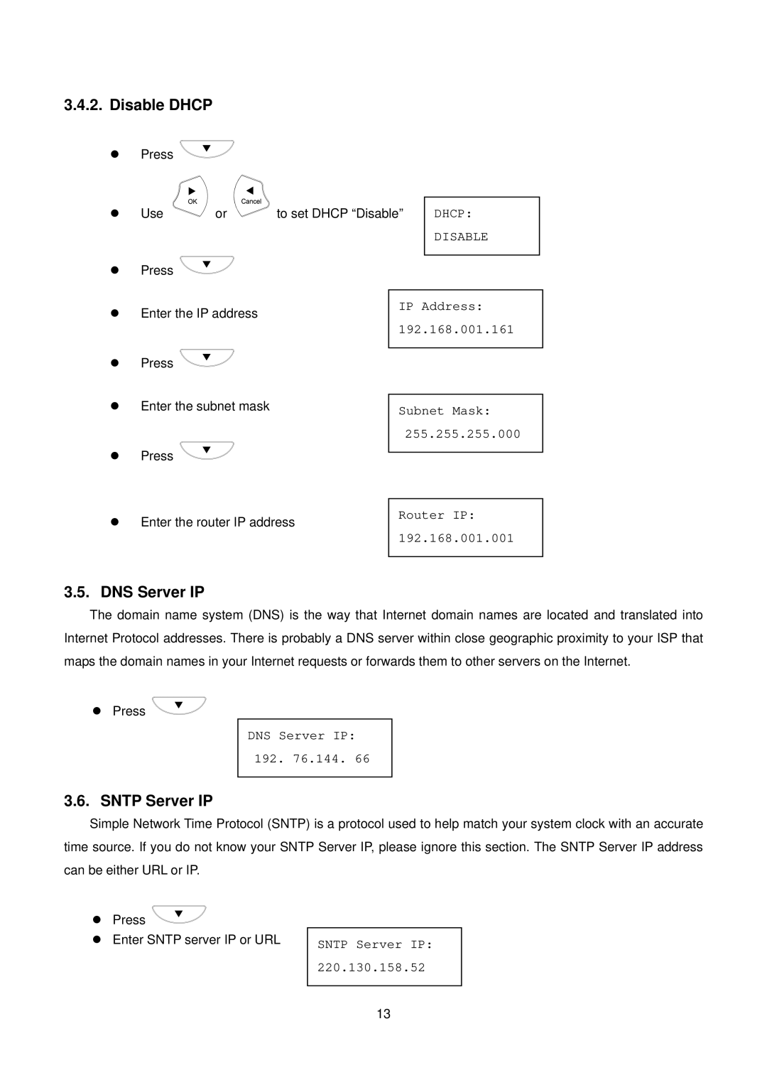 D-Link DPH-150S user manual Disable Dhcp, DNS Server IP, Sntp Server IP 