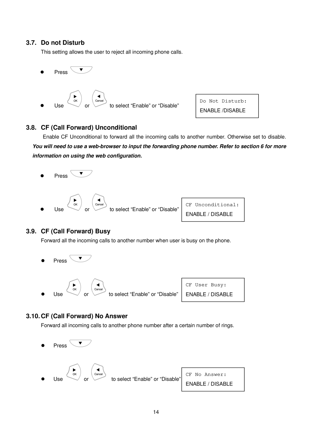 D-Link DPH-150S user manual Do not Disturb, CF Call Forward Unconditional, CF Call Forward Busy, CF Call Forward No Answer 