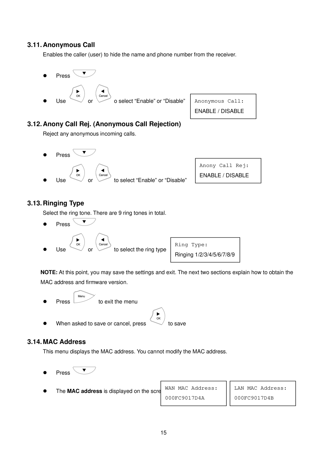 D-Link DPH-150S user manual Anony Call Rej. Anonymous Call Rejection, Ringing Type, MAC Address 