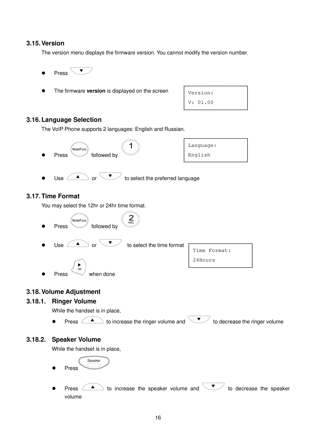 D-Link DPH-150S user manual Version, Language Selection, Time Format, Volume Adjustment Ringer Volume, Speaker Volume 