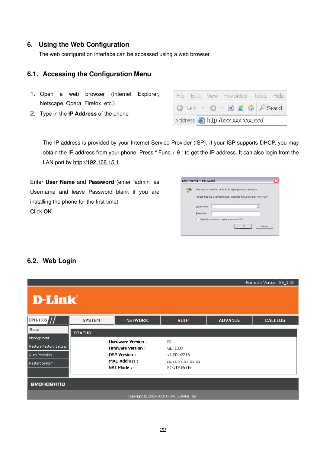 D-Link DPH-150S user manual Using the Web Configuration, Accessing the Configuration Menu, Web Login 