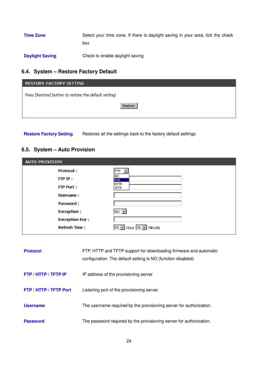 D-Link DPH-150S user manual System Restore Factory Default, System Auto Provision 