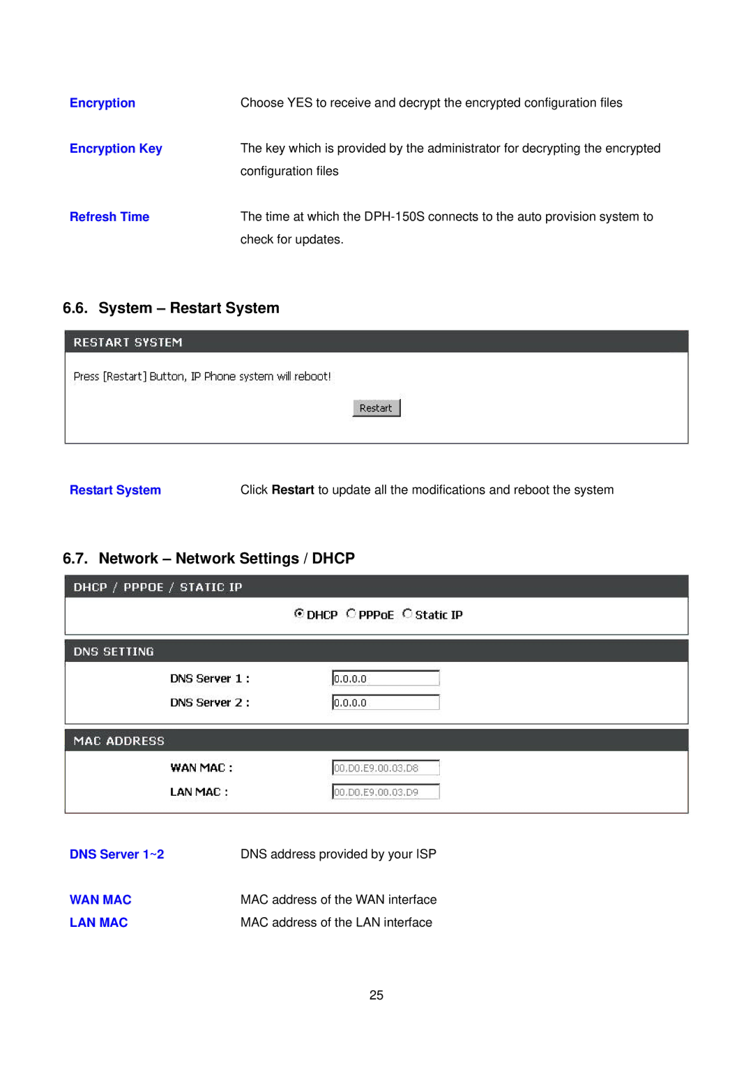 D-Link DPH-150S user manual System Restart System, Network Network Settings / Dhcp 