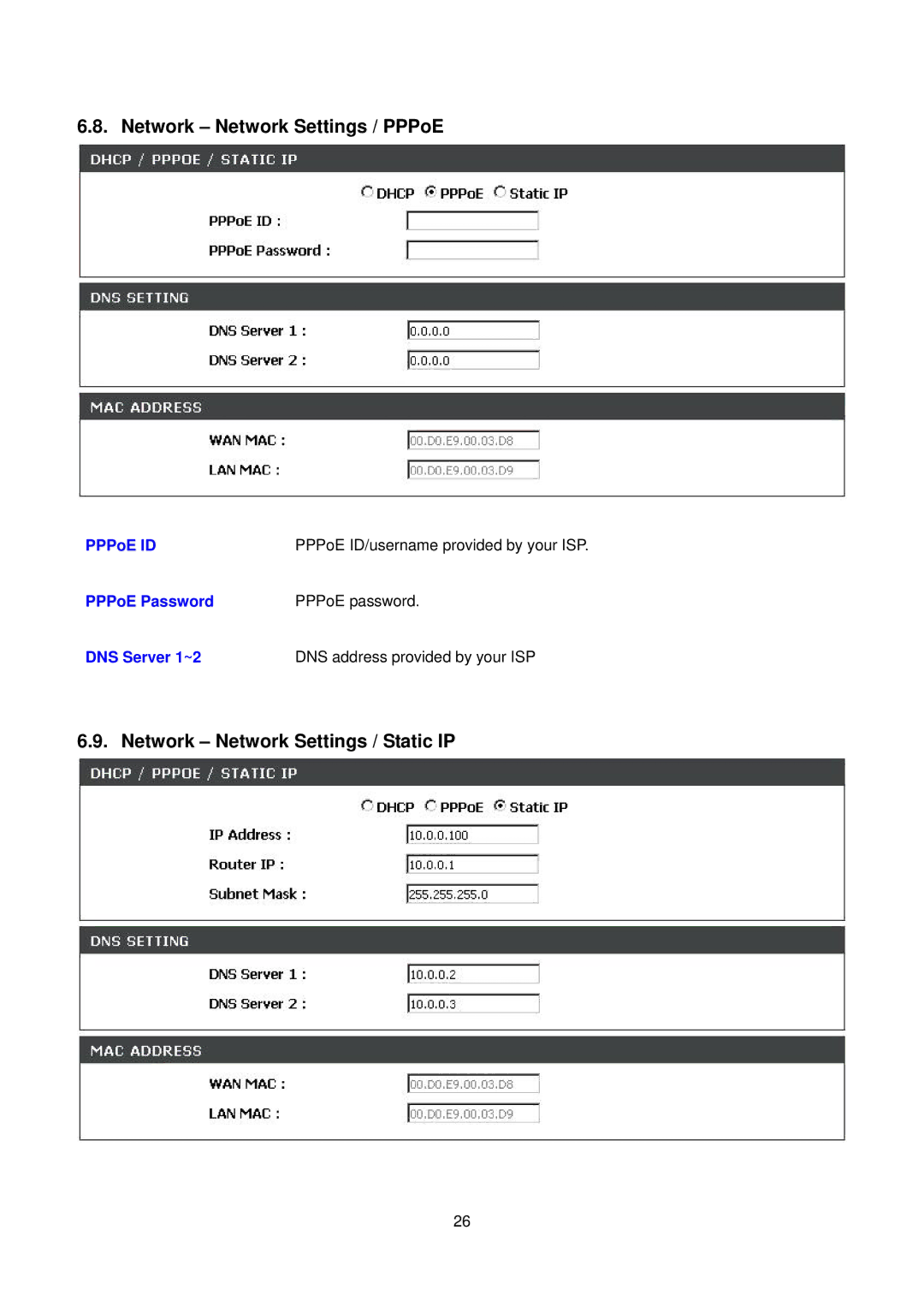 D-Link DPH-150S user manual Network Network Settings / PPPoE, Network Network Settings / Static IP 