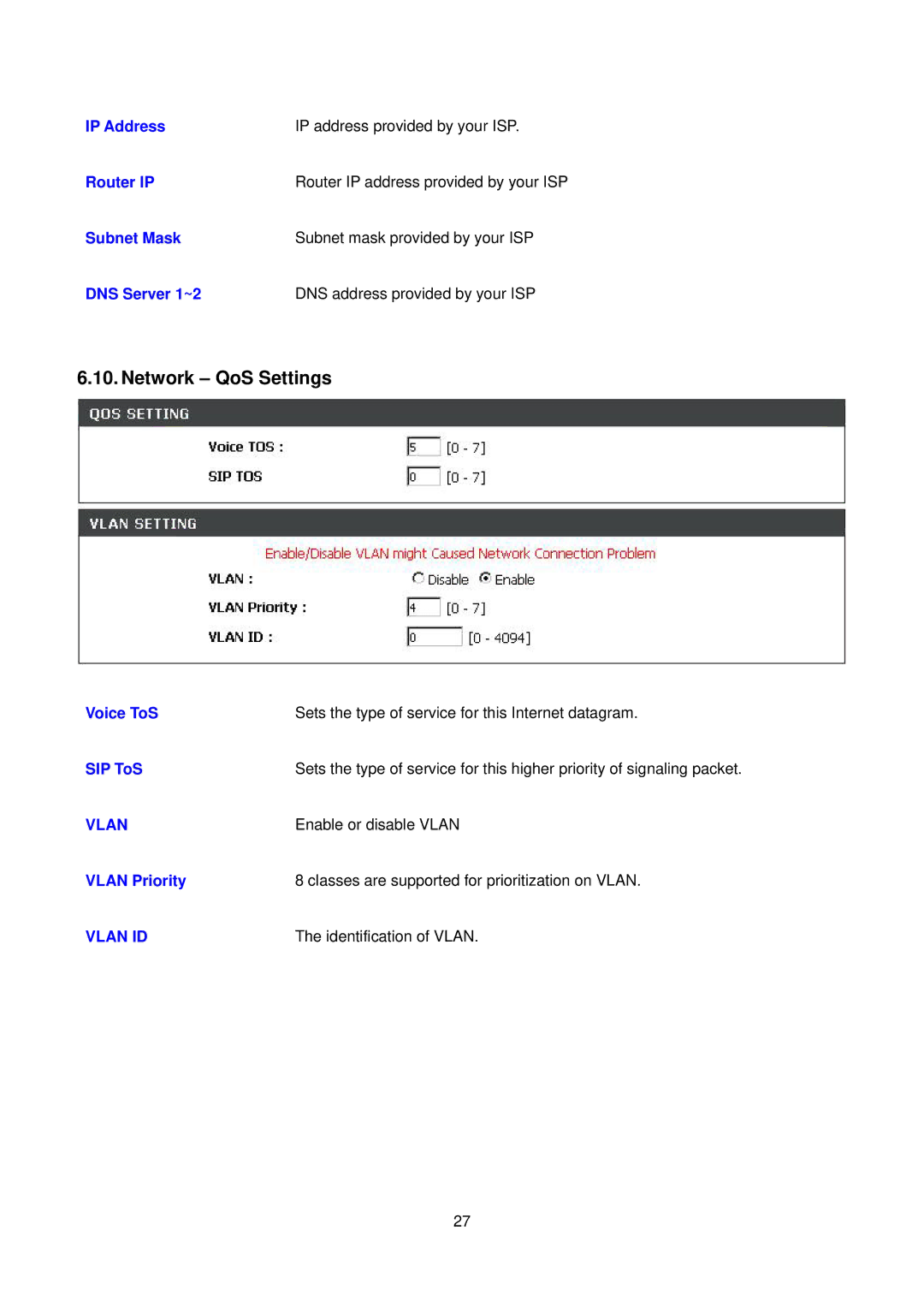 D-Link DPH-150S user manual Network QoS Settings, Enable or disable Vlan, Identification of Vlan 