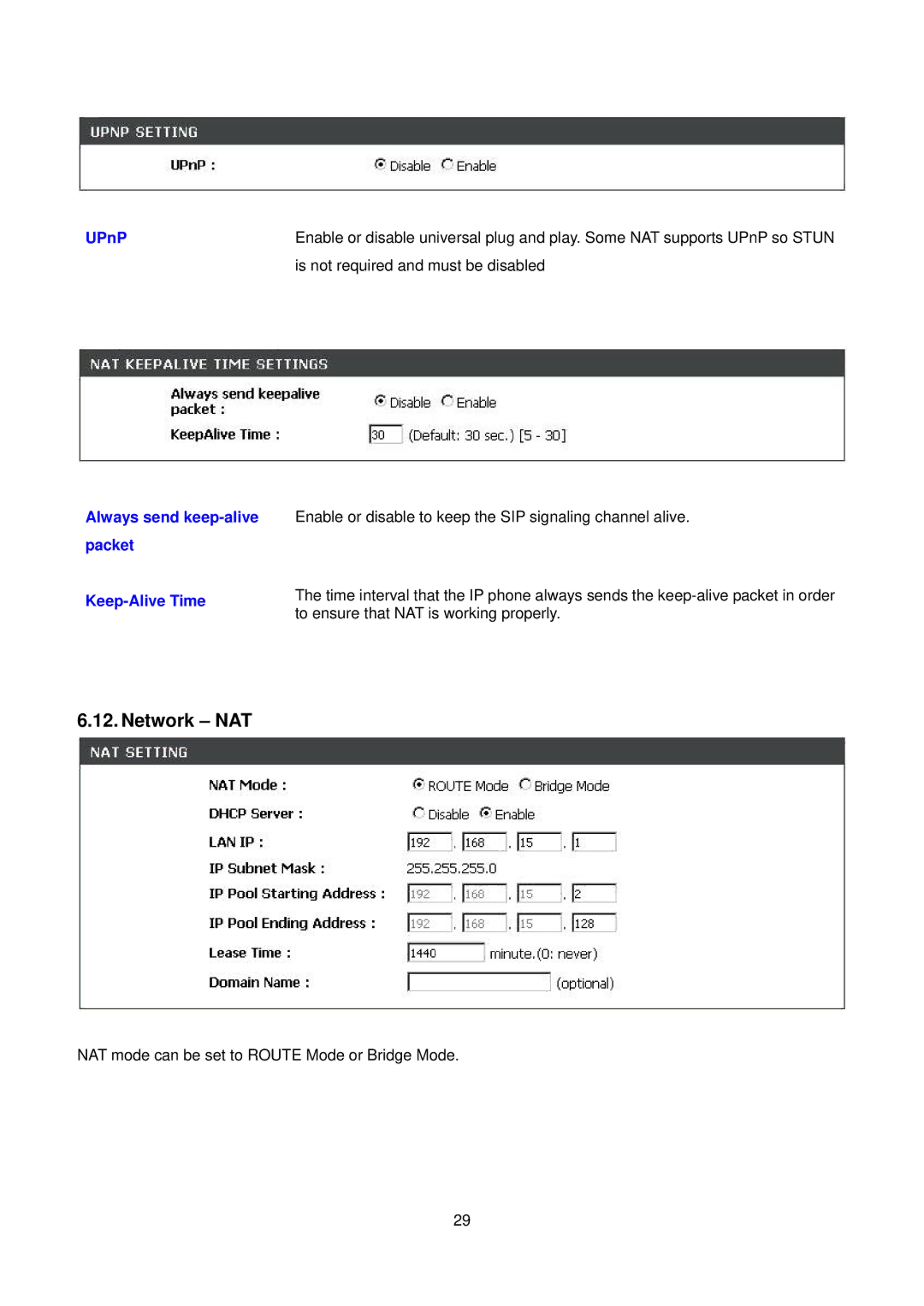 D-Link DPH-150S user manual Network NAT, UPnP Always send keep-alive packet Keep-Alive Time 