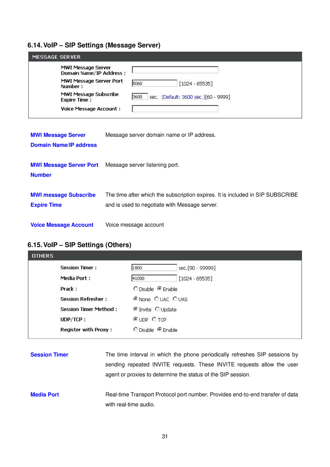 D-Link DPH-150S user manual VoIP SIP Settings Message Server, VoIP SIP Settings Others, Session Timer, Media Port 