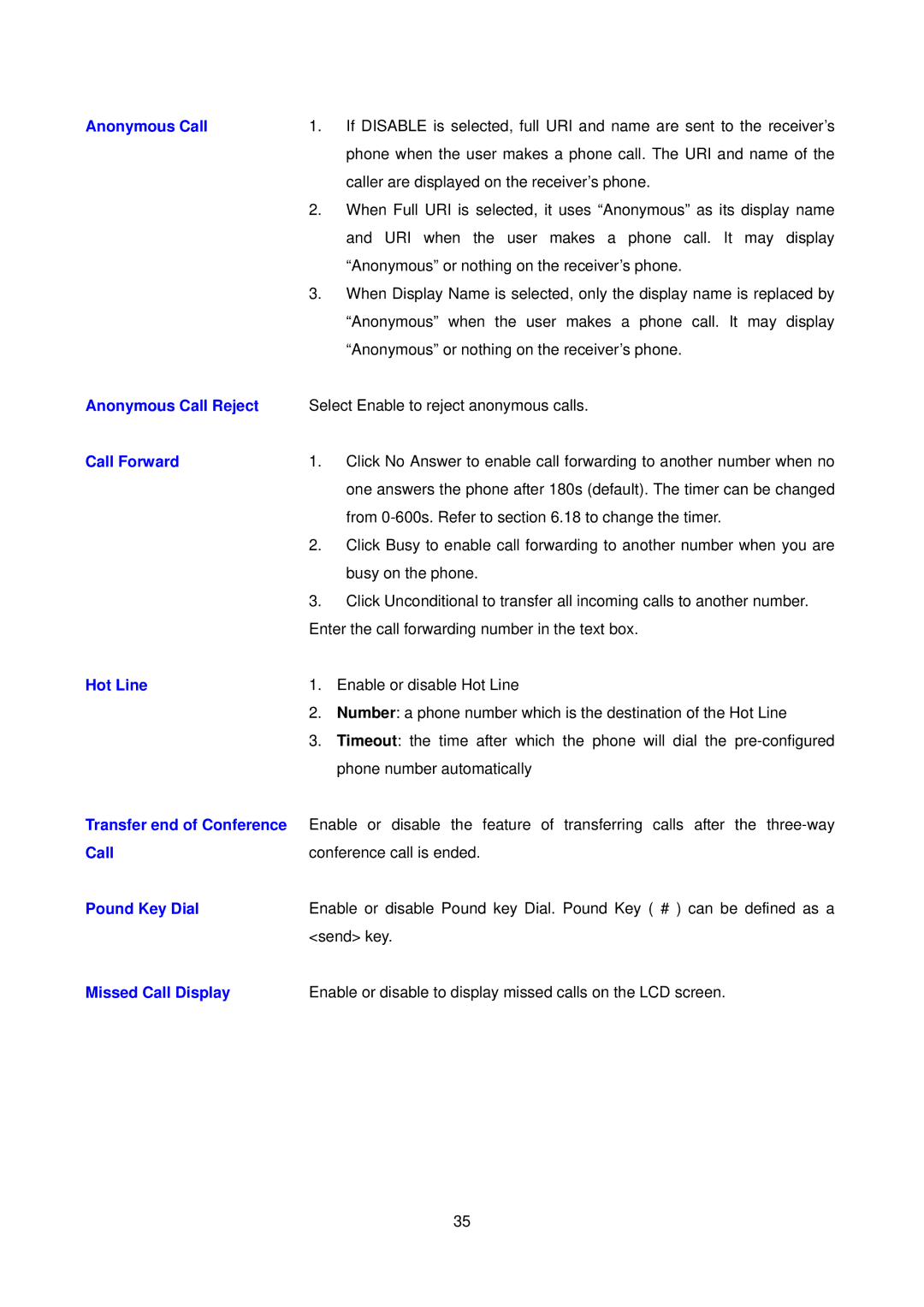 D-Link DPH-150S user manual Anonymous Call Reject, Call Forward, Hot Line, Transfer end of Conference, Pound Key Dial 