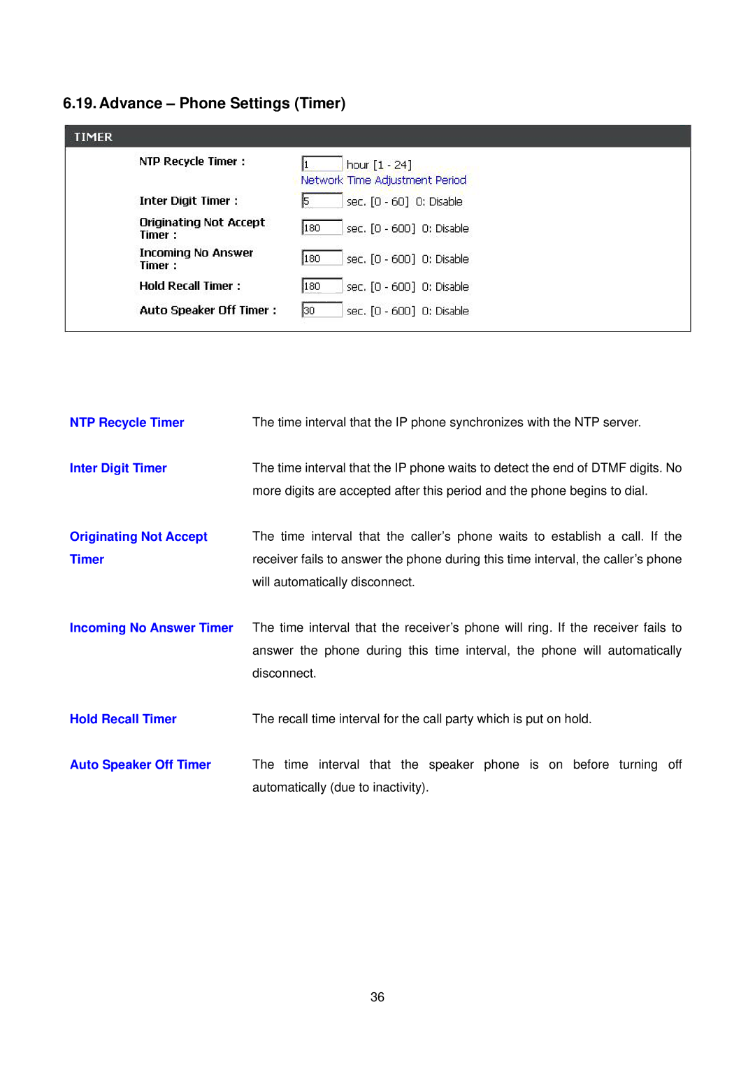 D-Link DPH-150S user manual Advance Phone Settings Timer 