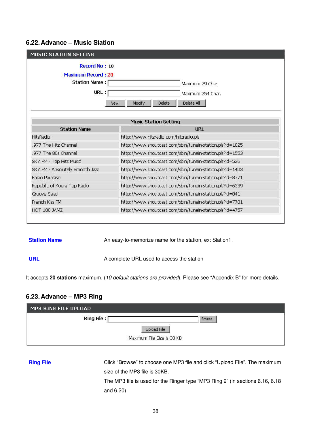 D-Link DPH-150S user manual Advance Music Station, Advance MP3 Ring, Station Name, Ring File 