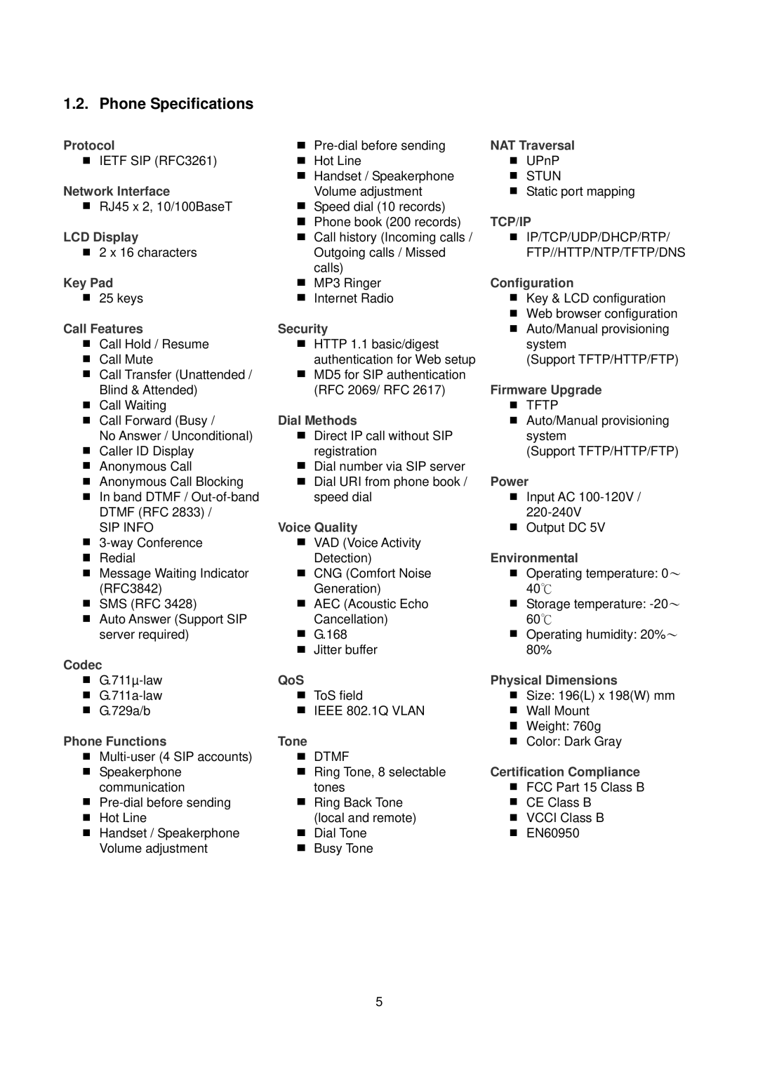 D-Link DPH-150S user manual Phone Specifications, Network Interface 