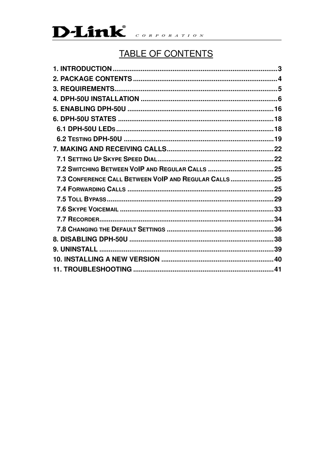 D-Link DPH-50U manual Table of Contents 