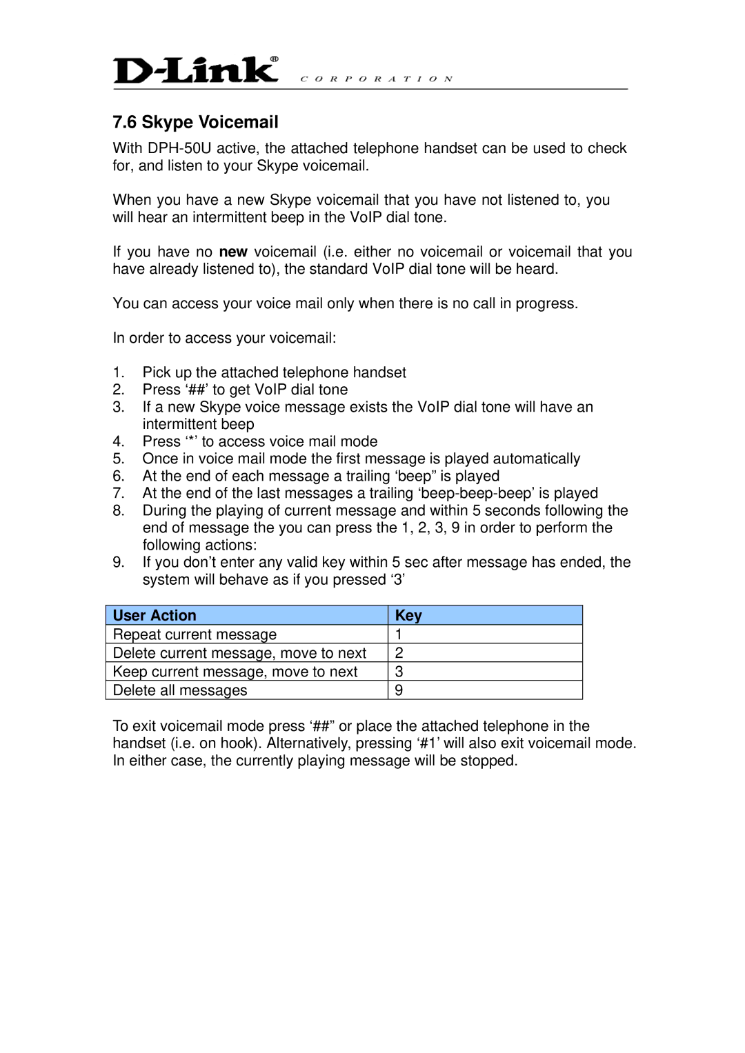 D-Link DPH-50U manual Skype Voicemail, User Action Key 