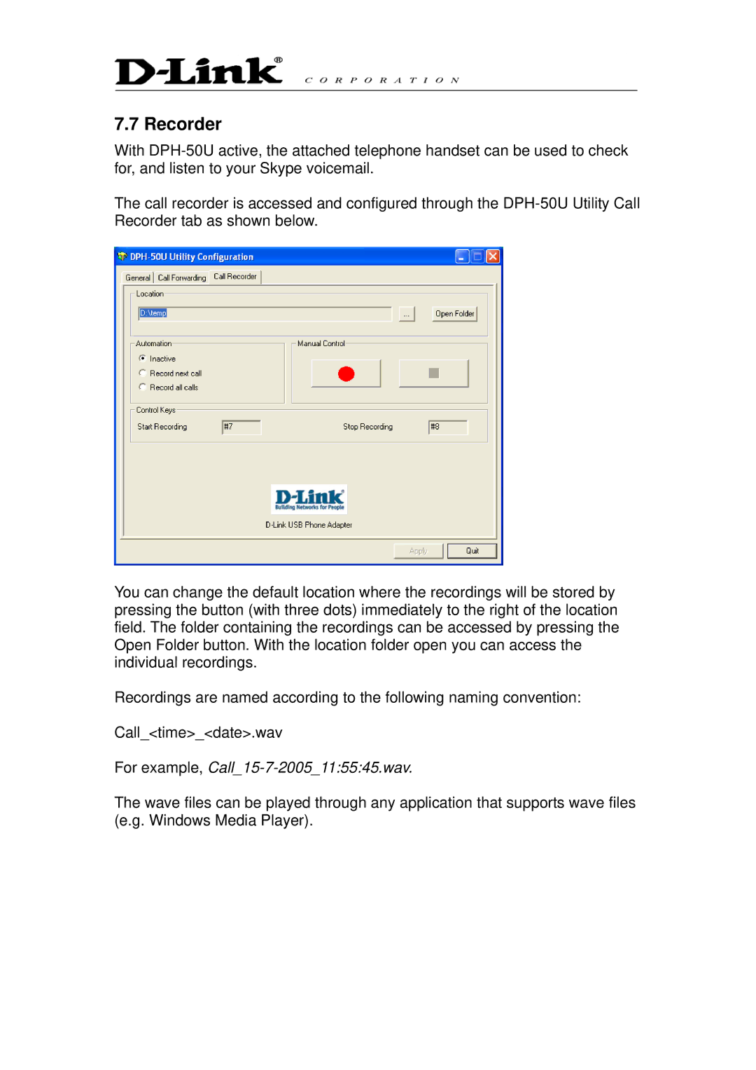 D-Link DPH-50U manual Recorder, For example, Call15-7-2005115545.wav 