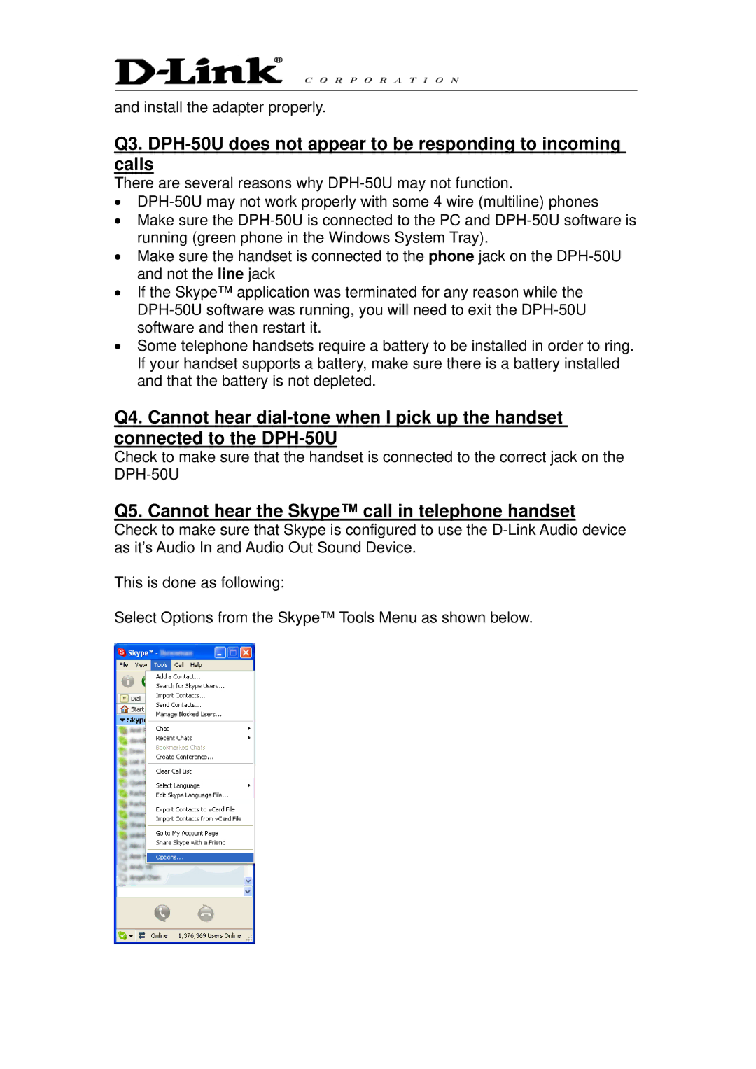 D-Link DPH-50U manual Q5. Cannot hear the Skype call in telephone handset 