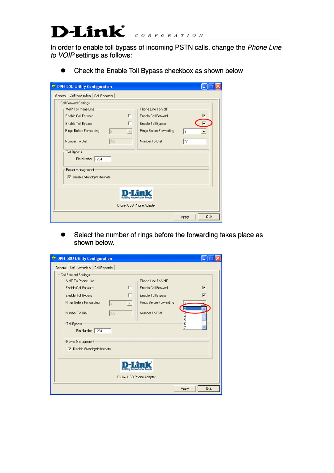 D-Link DPH-50U manual Check the Enable Toll Bypass checkbox as shown below 