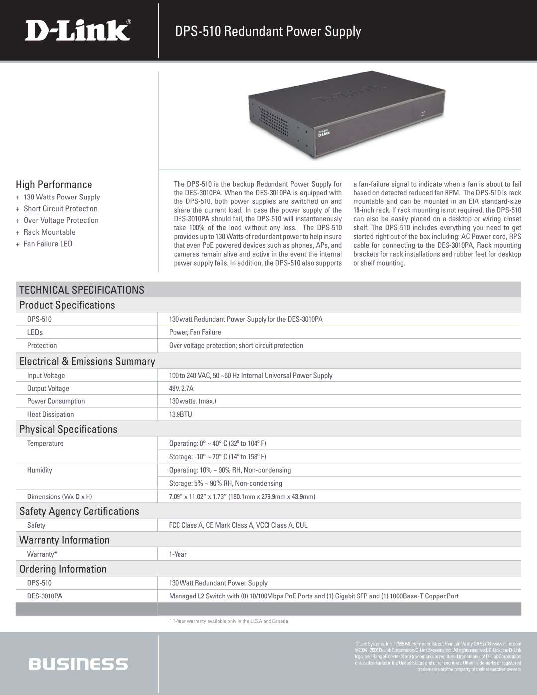 D-Link technical specifications DPS-510 Redundant Power Supply, Physical Specifications, Safety Agency Certifications 