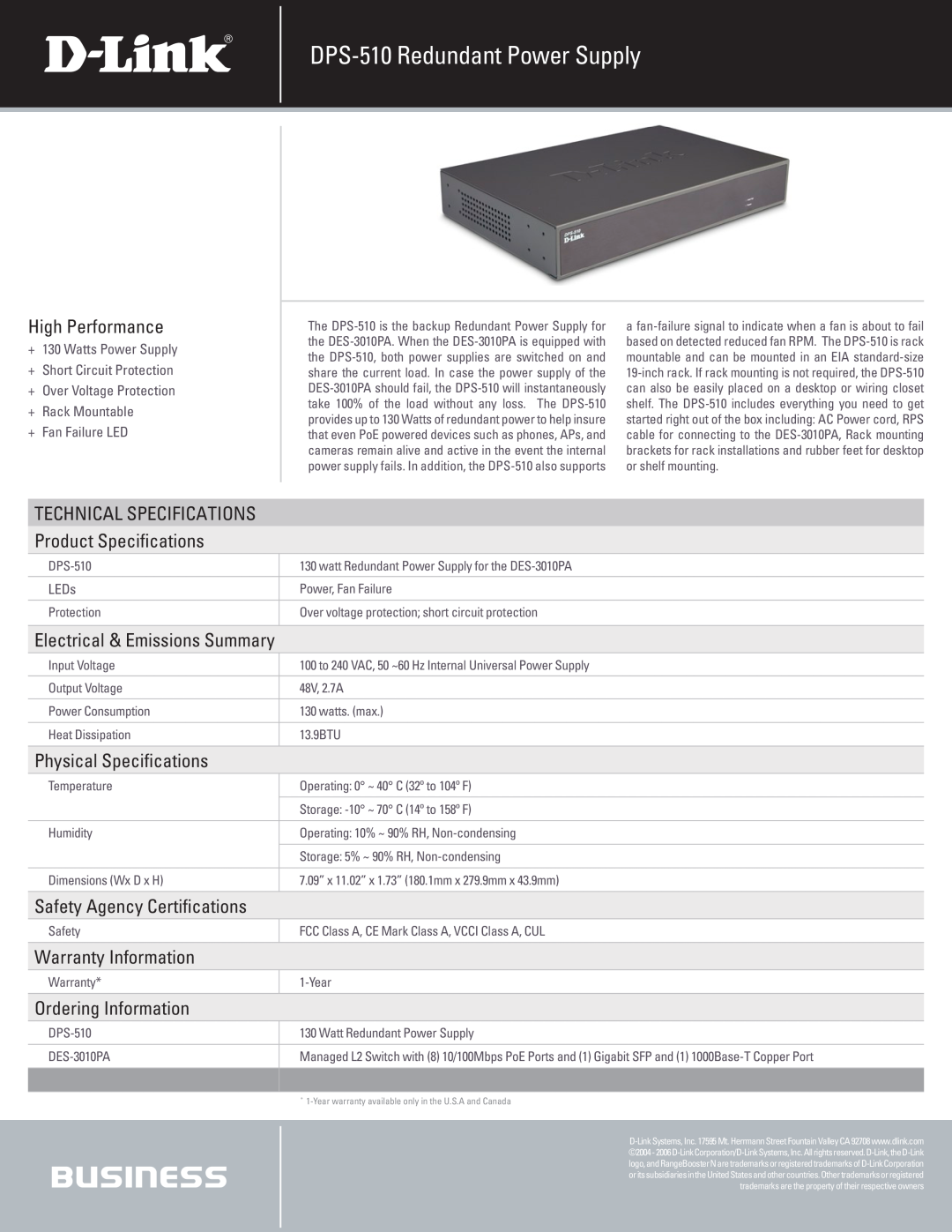 D-Link technical specifications DPS-510 Redundant Power Supply, High Performance, Electrical & Emissions Summary, LEDs 