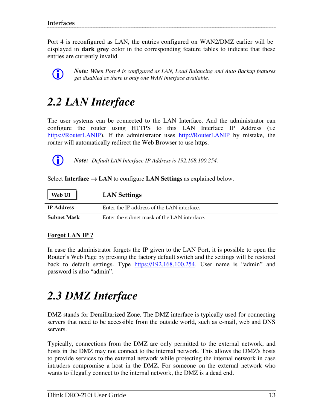 D-Link DRO-210i manual LAN Interface, DMZ Interface, LAN Settings, Forgot LAN IP ? 