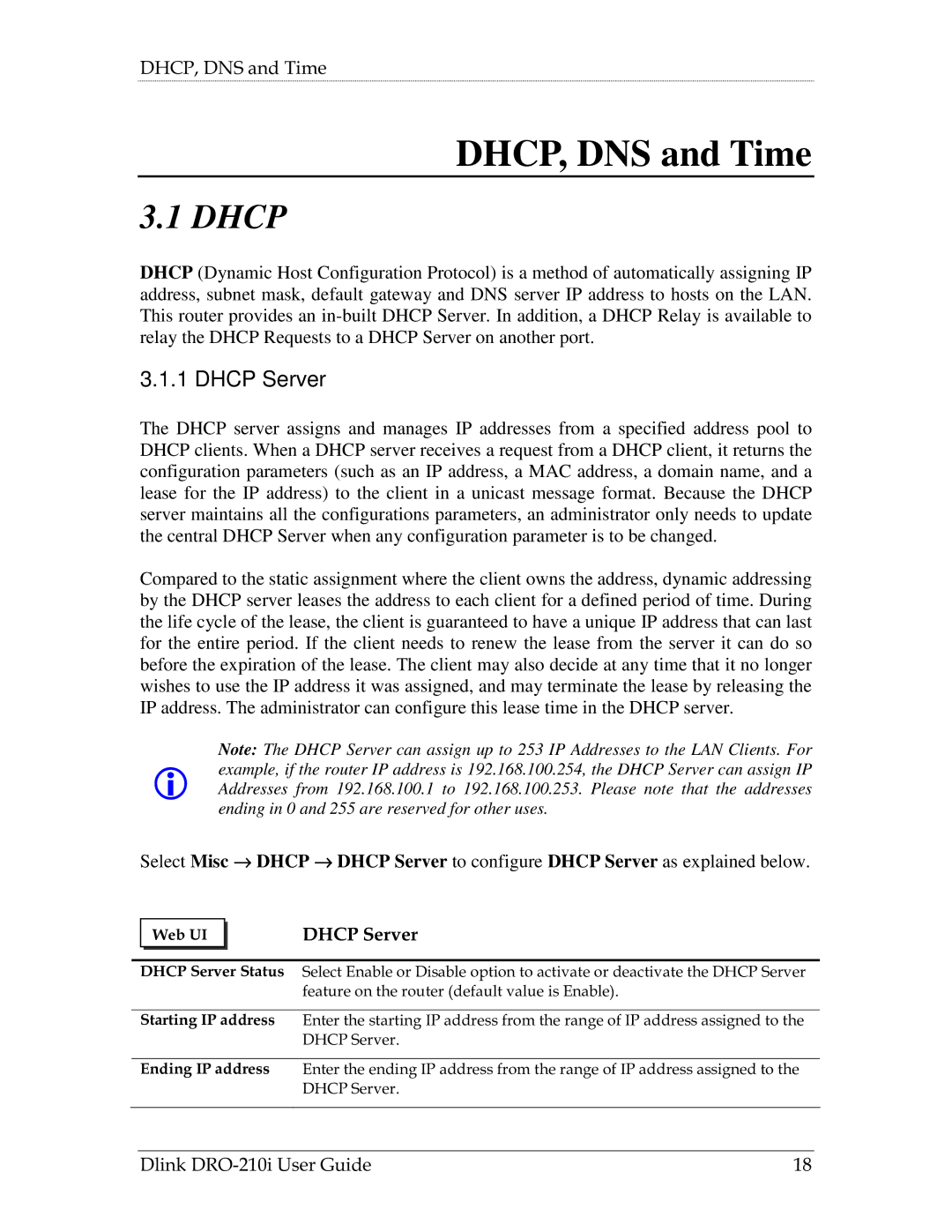 D-Link DRO-210i manual DHCP, DNS and Time, Dhcp Server 