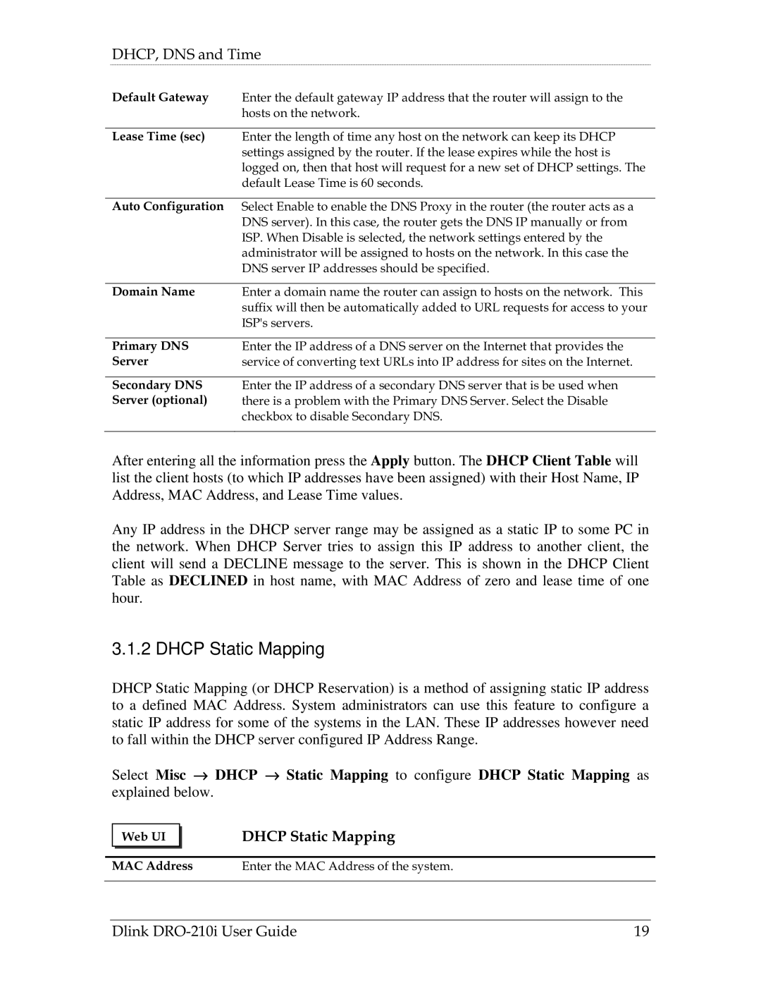 D-Link DRO-210i manual Dhcp Static Mapping 