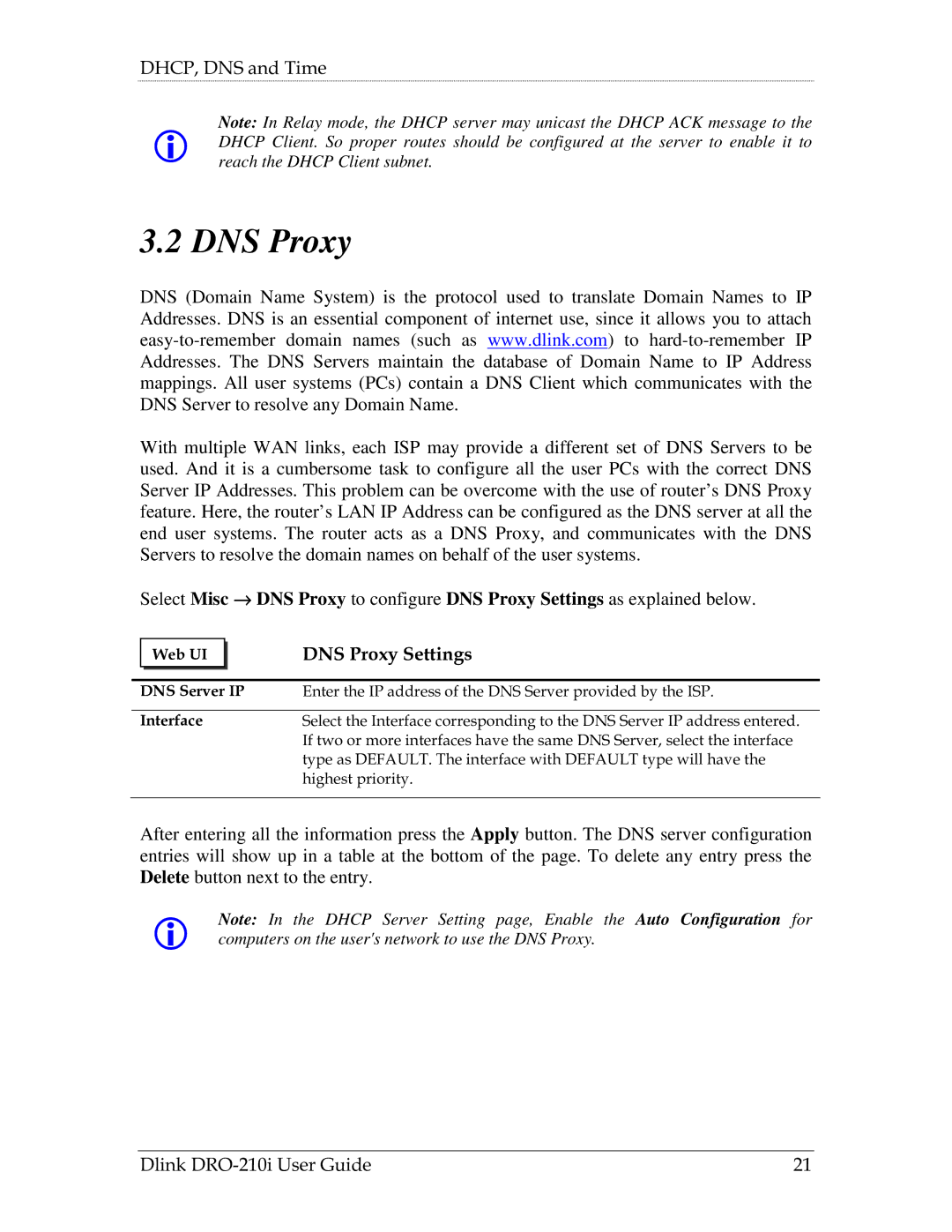 D-Link DRO-210i manual DNS Proxy Settings 