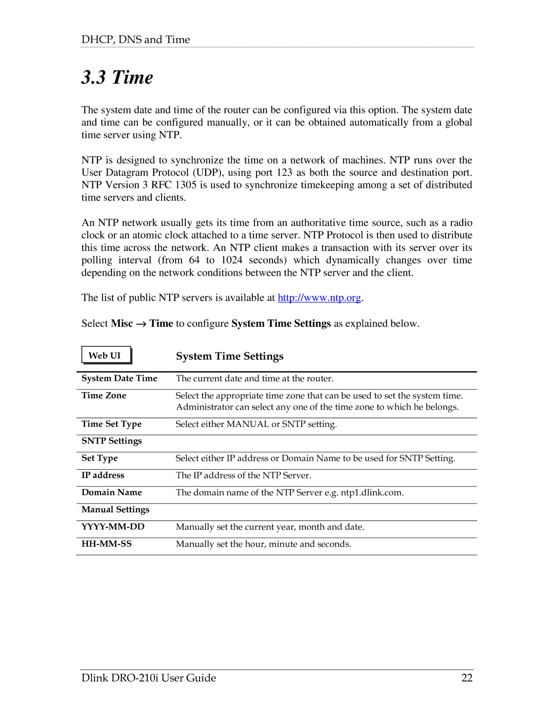 D-Link DRO-210i manual System Time Settings 