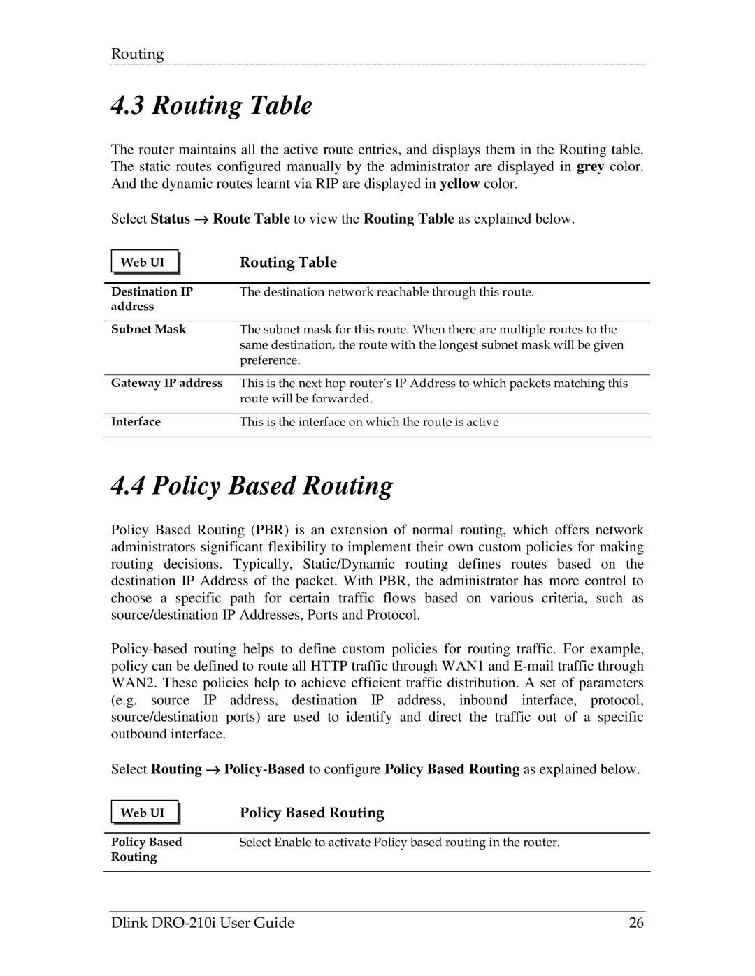 D-Link DRO-210i manual Routing Table, Policy Based Routing 