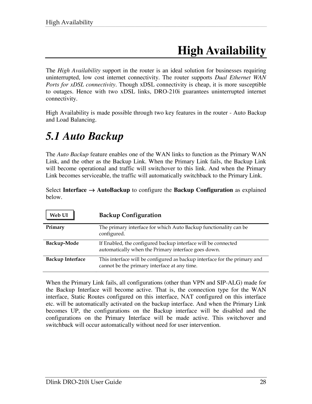 D-Link DRO-210i manual High Availability, Auto Backup, Backup Configuration 