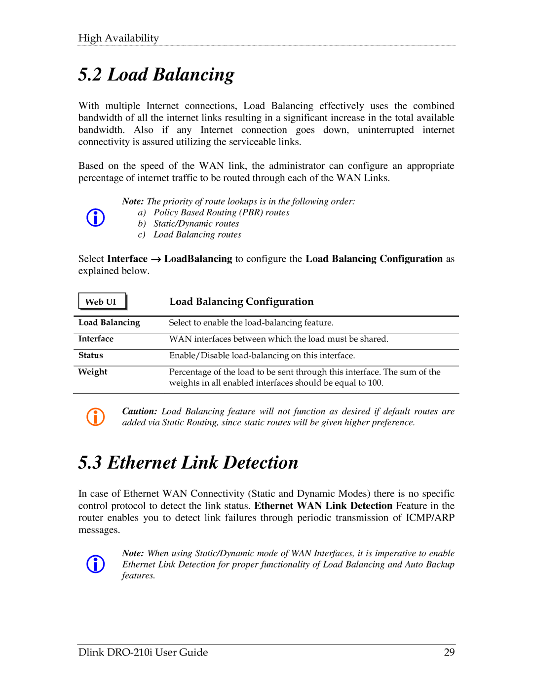 D-Link DRO-210i manual Ethernet Link Detection, Load Balancing Configuration 