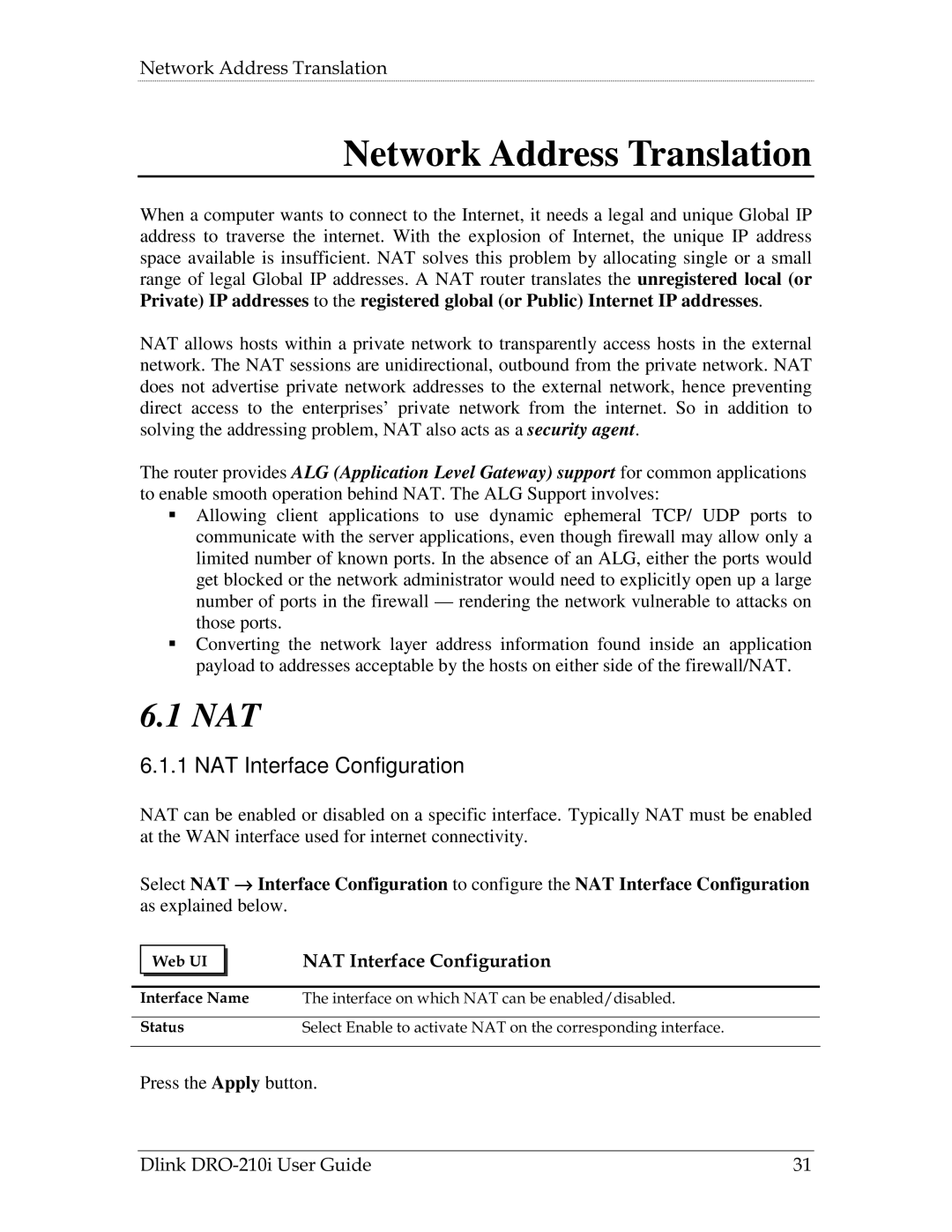 D-Link DRO-210i manual Network Address Translation, Nat, NAT Interface Configuration 