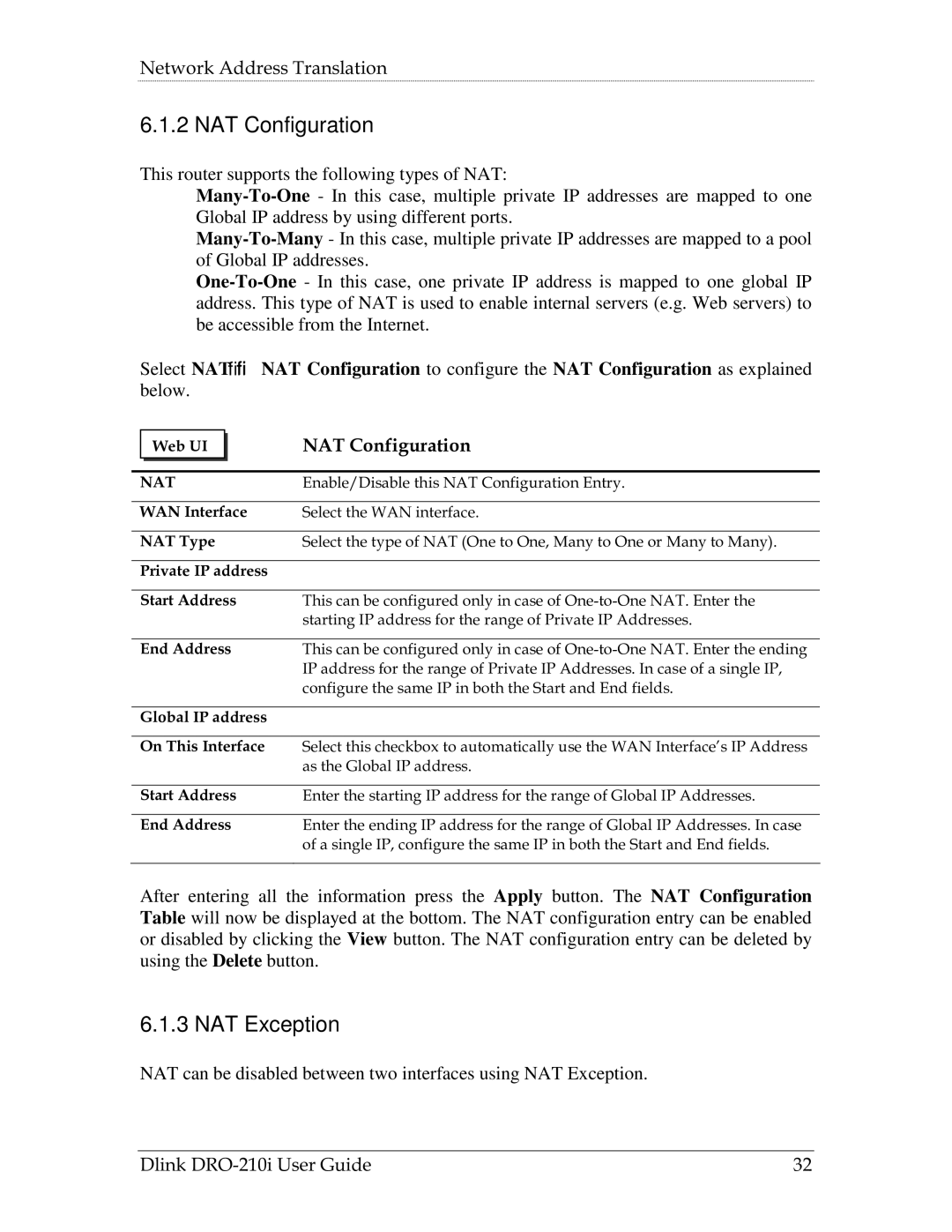 D-Link DRO-210i manual NAT Configuration, NAT Exception 