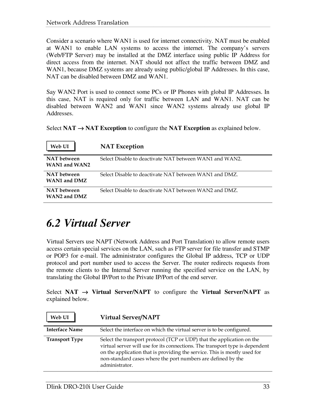 D-Link DRO-210i manual NAT Exception, Virtual Server/NAPT 