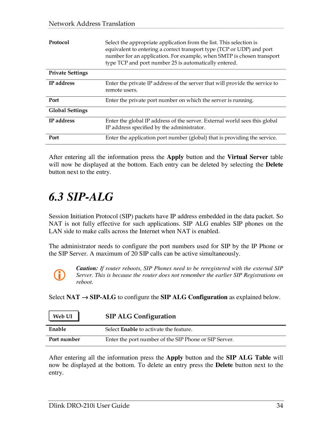 D-Link DRO-210i manual Sip-Alg, SIP ALG Configuration 