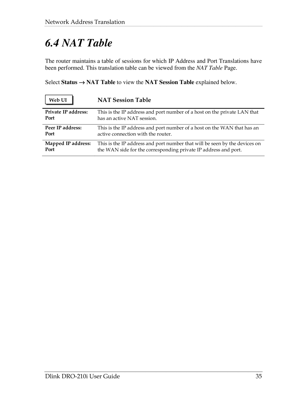 D-Link DRO-210i manual NAT Table, NAT Session Table 