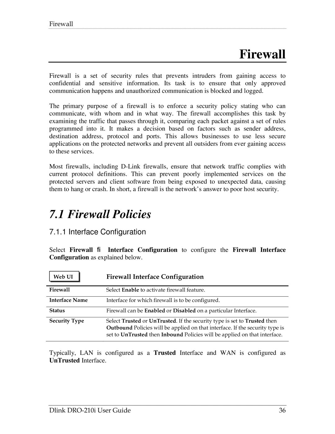 D-Link DRO-210i manual Firewall Policies, Firewall Interface Configuration 